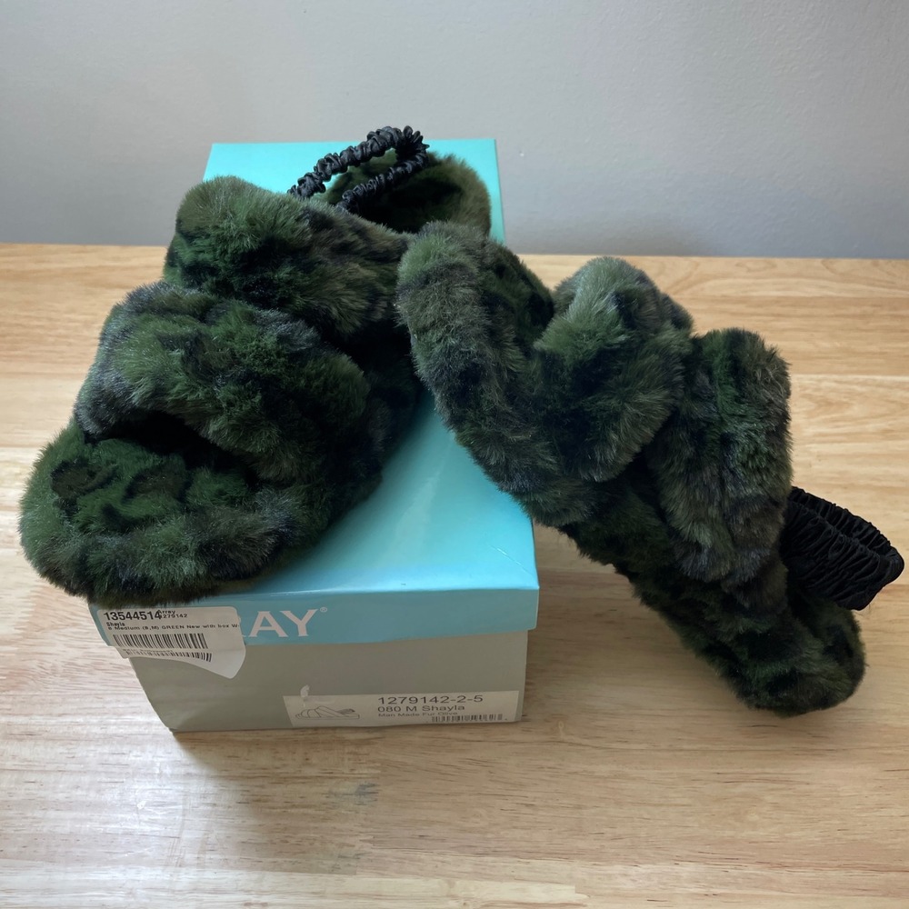 Array Shayla Women's Green‎ Faux Fur Leopard Print Slippers Slides 8 Medium